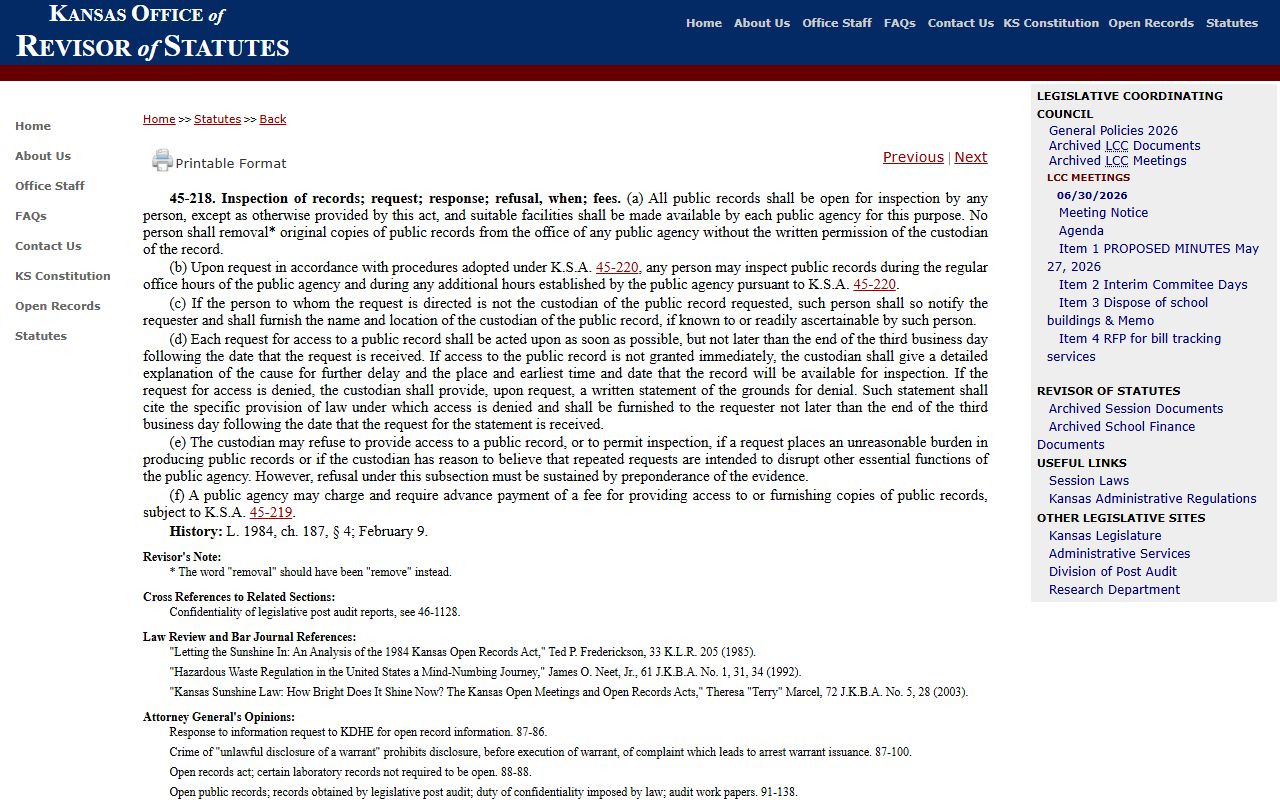 Graham County Clerk of the District Court records and K.S.A. 45-218 inspection requests