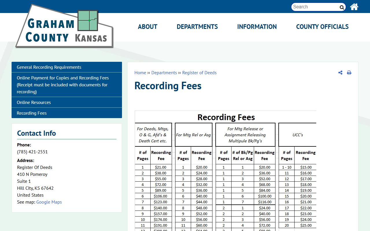 Graham County Clerk of the District Court records and Register of Deeds recording fees