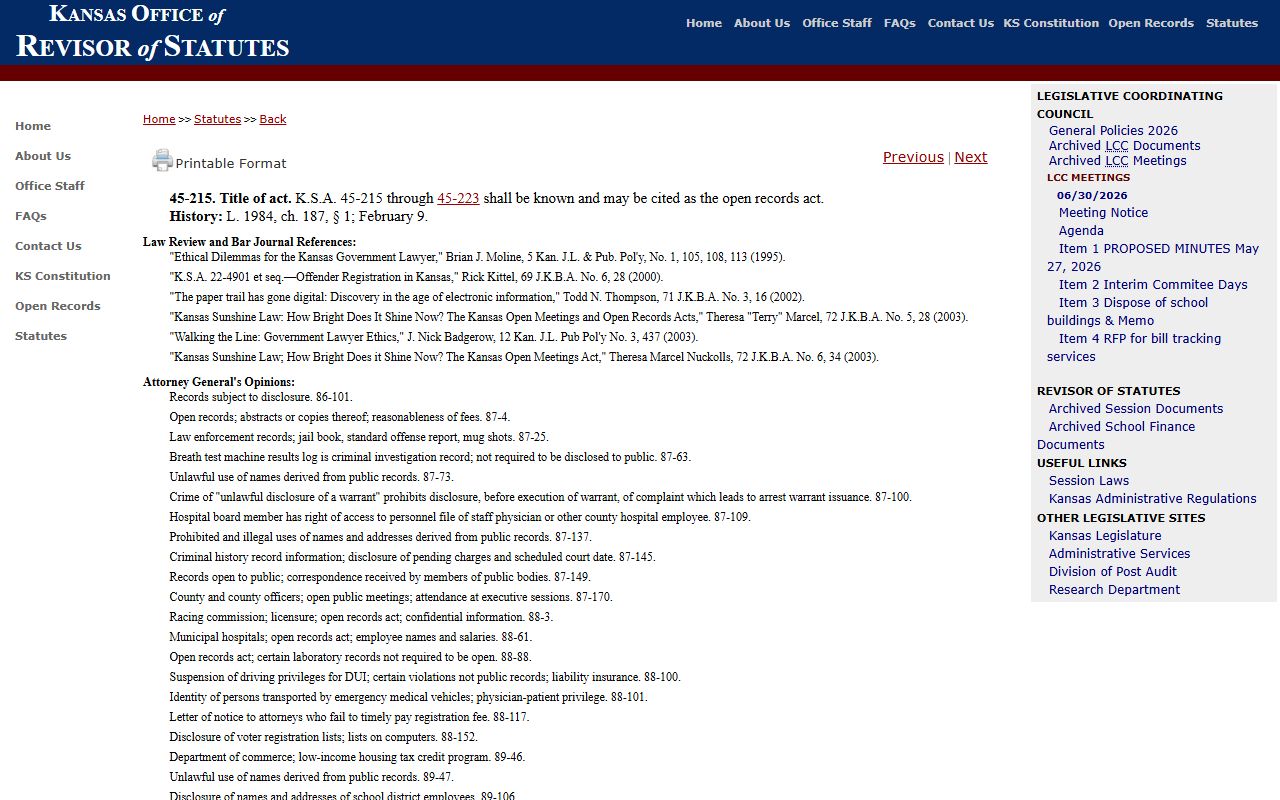 Graham County court records K.S.A. 45-215 open records policy