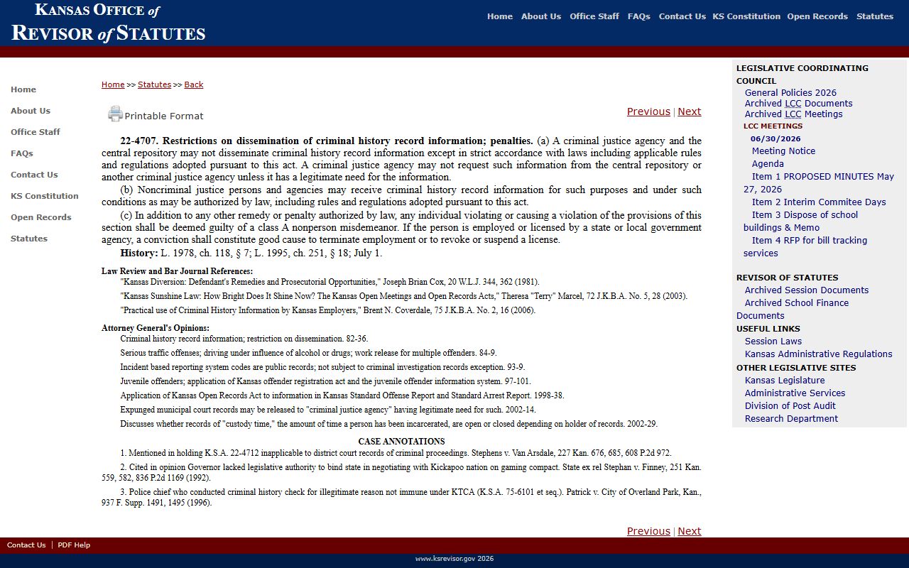Graham County criminal court records K.S.A. 22-4707 dissemination restrictions