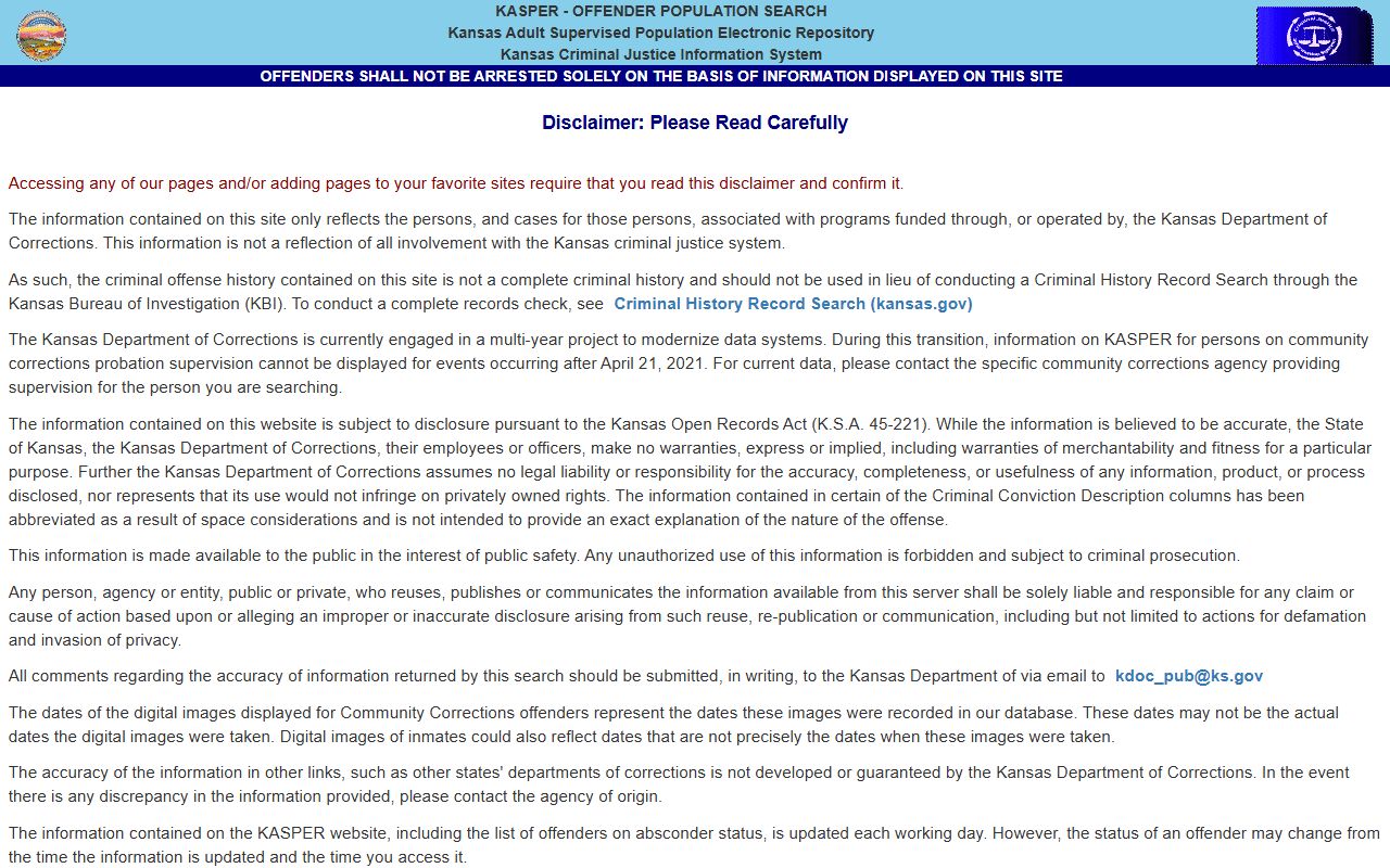 Graham County inmate records KASPER search disclaimer